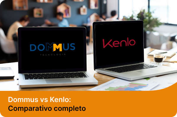 Dois laptops em uma mesa de escritório exibem os logos "DOMMUS TECNOLOGIA" e "Kenlo", com o texto "Dommus vs Kenlo: Comparativo completo" na parte inferior.