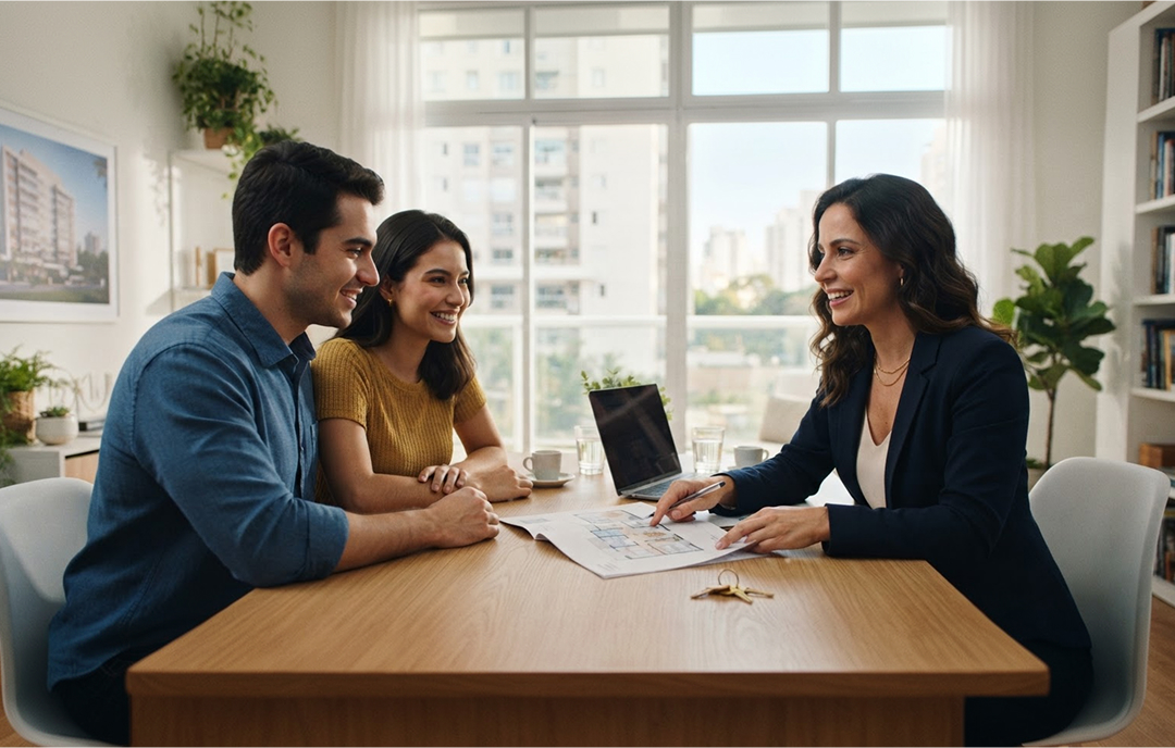 Um casal sorridente conversa com uma agente imobiliária que aponta para plantas de imóveis em uma mesa de madeira, com chaves e um laptop.